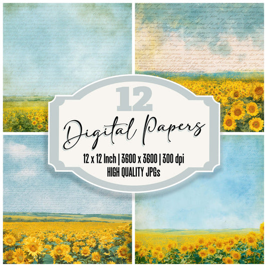 Bright Sunflower Field Scene digital paper pack designed for background pages in junk journaling and paper craft projects