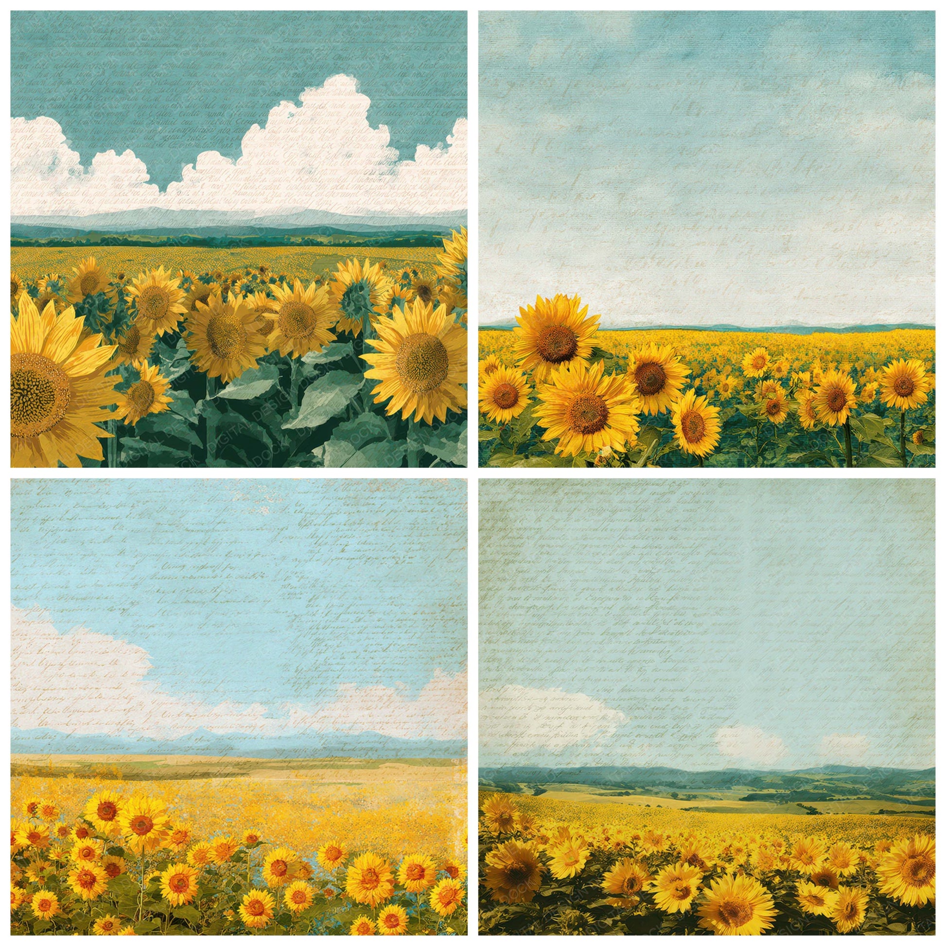 Preview layout showing Bright Sunflower Field Scene papers arranged as background pages for junk journals and mixed media crafts
