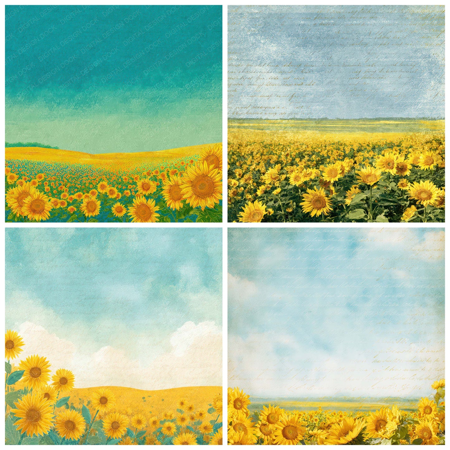 Close view of Bright Sunflower Field Scene background papers highlighting collage composition and cohesive colour tones