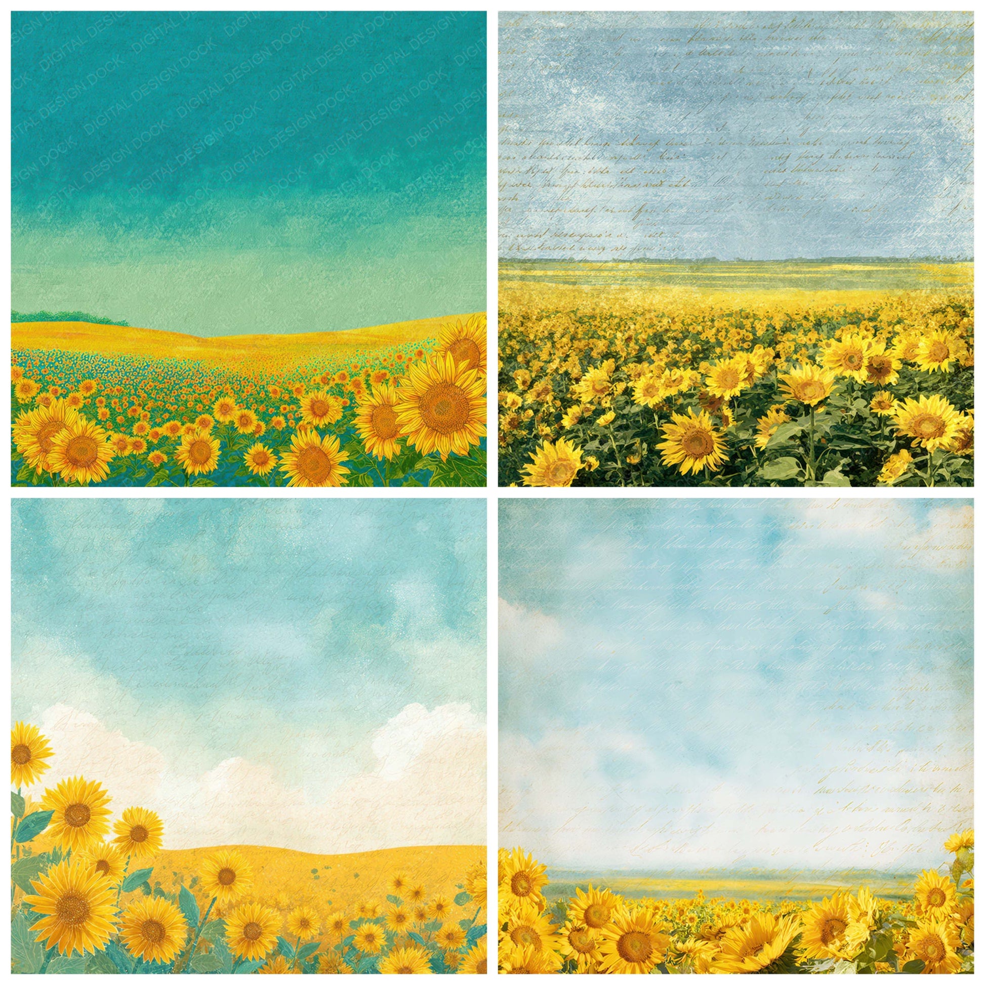 Close view of Bright Sunflower Field Scene background papers highlighting collage composition and cohesive colour tones