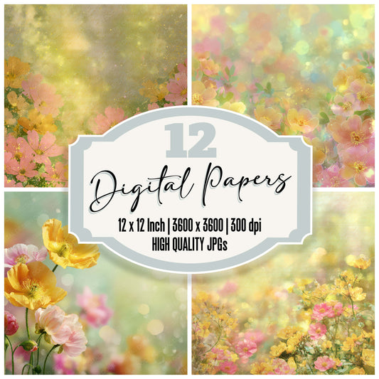 Bright Sunlit Flower Garden Scene digital paper pack designed for background pages in junk journaling and paper craft projects