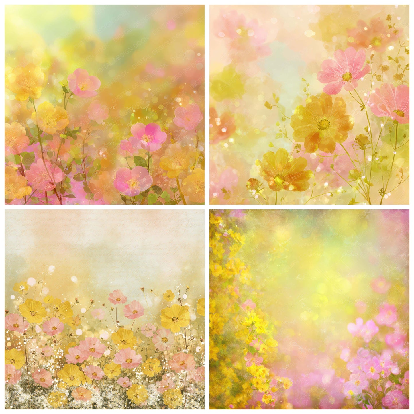 Preview layout showing Bright Sunlit Flower Garden Scene papers arranged as background pages for junk journals and mixed media crafts