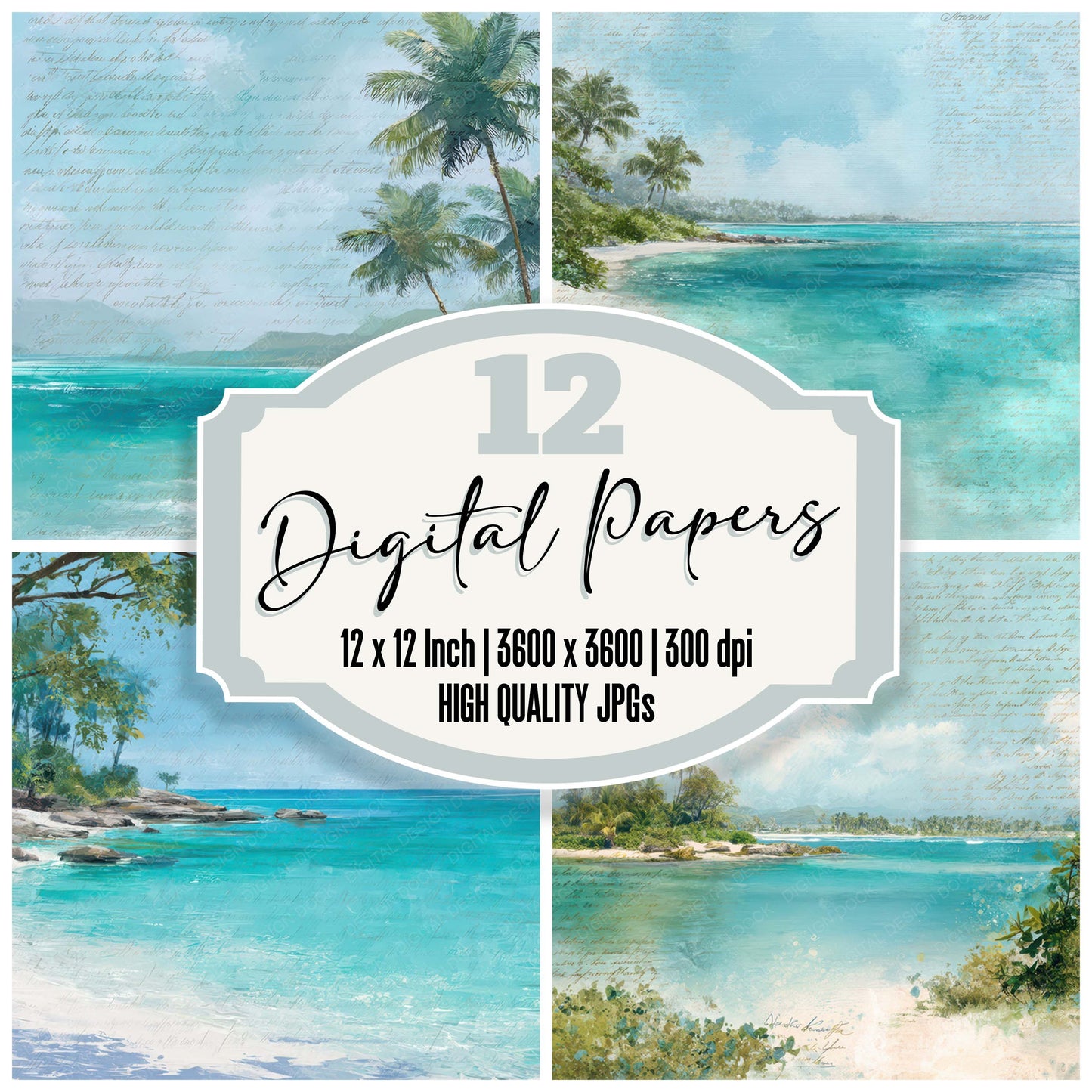 Bright Tropical Lagoon Scene digital paper pack designed for background pages in junk journaling and paper craft projects