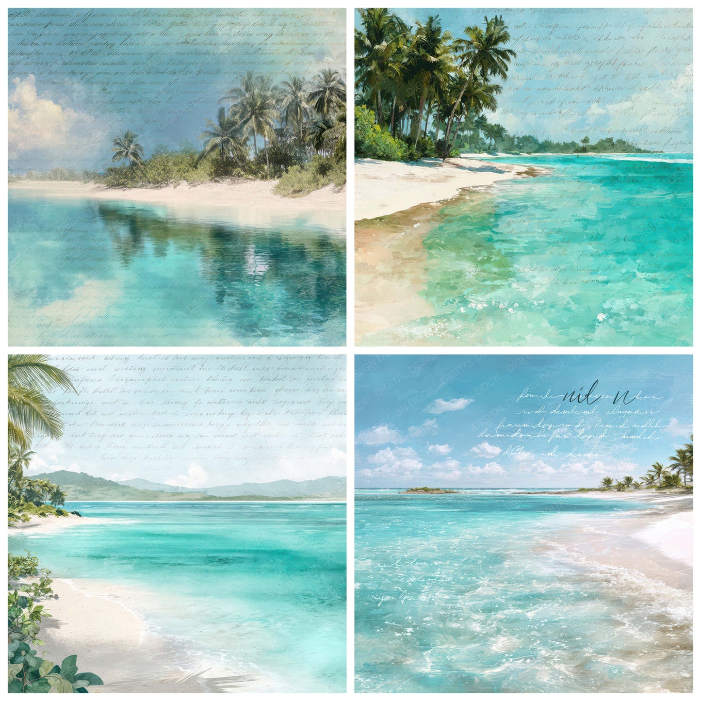 Preview layout showing Bright Tropical Lagoon Scene papers arranged as background pages for junk journals and mixed media crafts