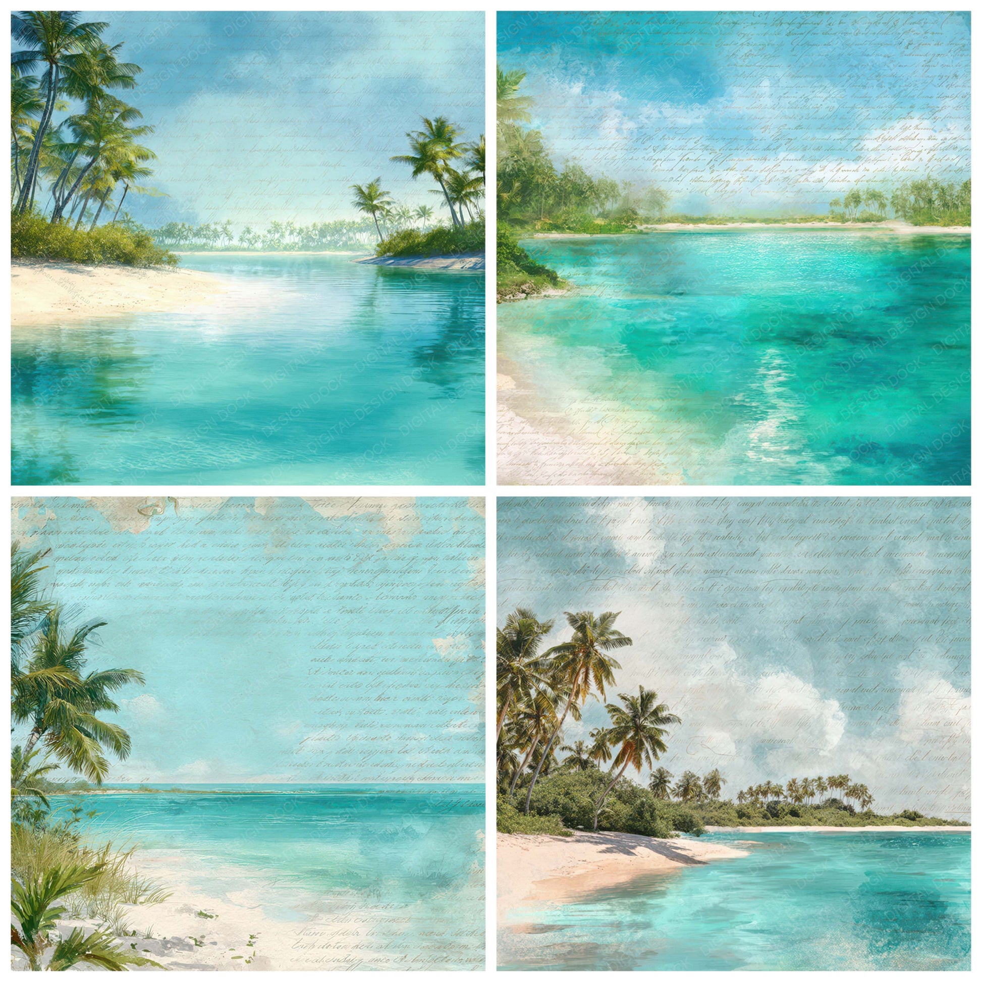 Close view of Bright Tropical Lagoon Scene background papers highlighting collage composition and cohesive colour tones