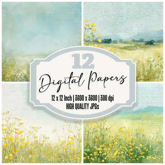 Bright Wildflower Meadow Scene digital paper pack designed for background pages in junk journaling and paper craft projects