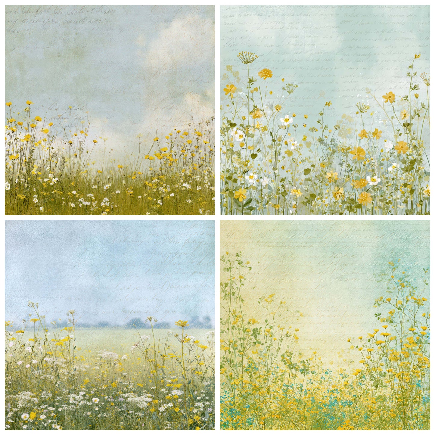 Preview layout showing Bright Wildflower Meadow Scene papers arranged as background pages for junk journals and mixed media crafts