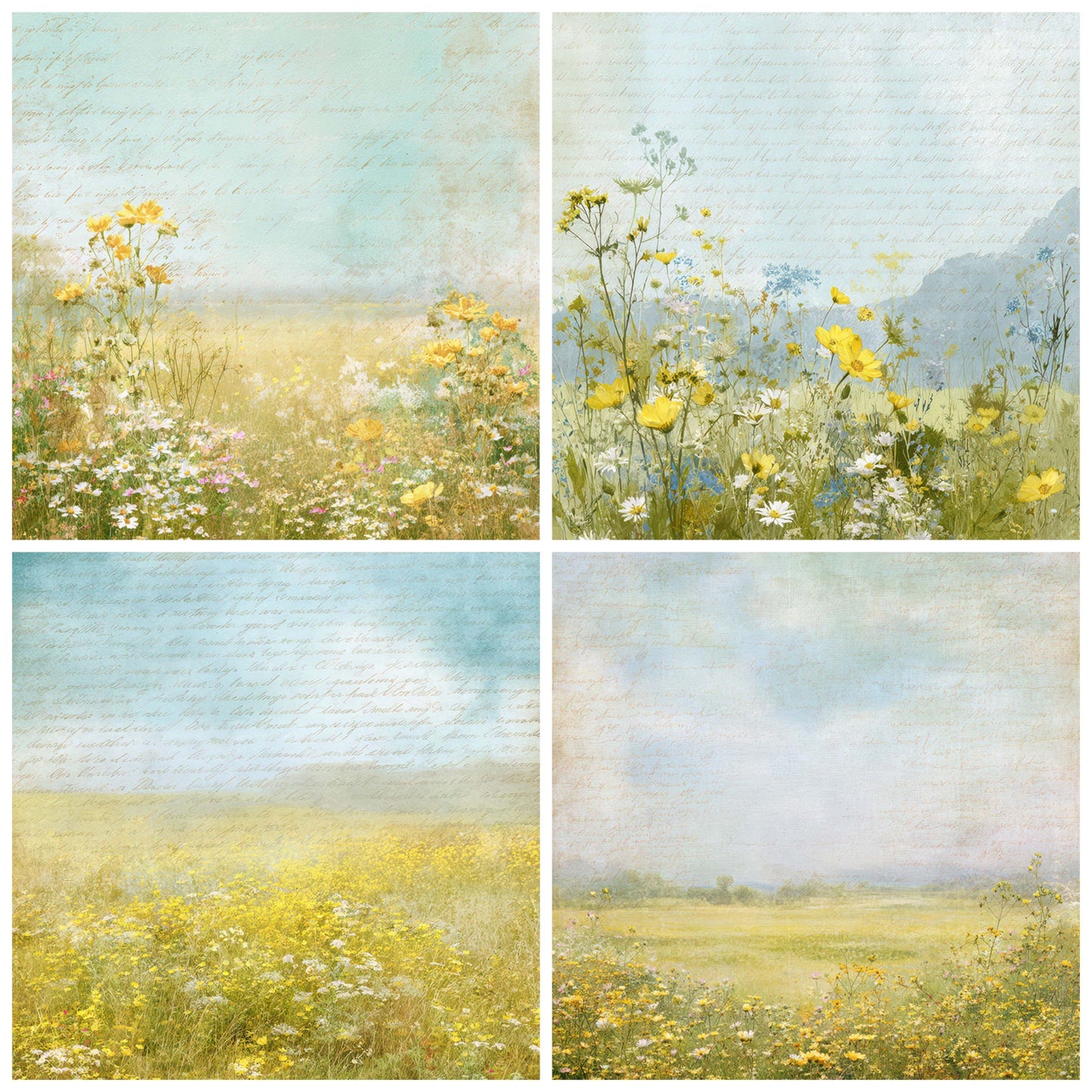 Close view of Bright Wildflower Meadow Scene background papers highlighting collage composition and cohesive colour tones