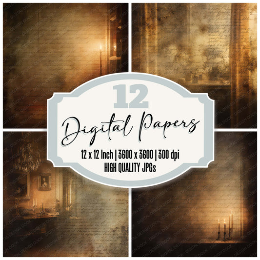 Old Candlelit Room Night Scene digital paper pack designed for background pages in junk journaling and paper craft projects