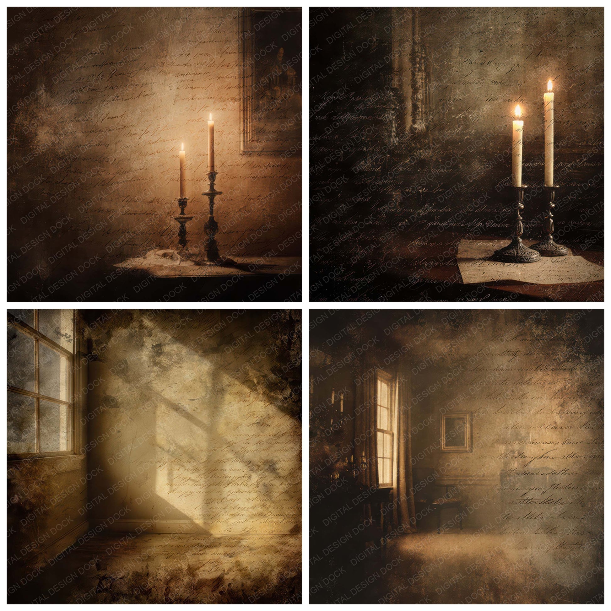 Preview layout showing Old Candlelit Room Night Scene papers arranged as background pages for junk journals and mixed media crafts