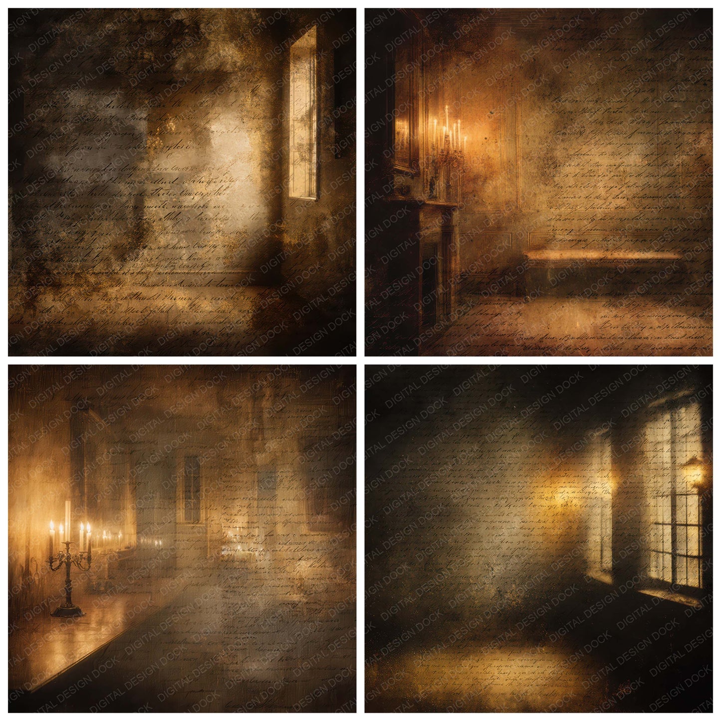 Close view of Old Candlelit Room Night Scene background papers highlighting collage composition and cohesive colour tones