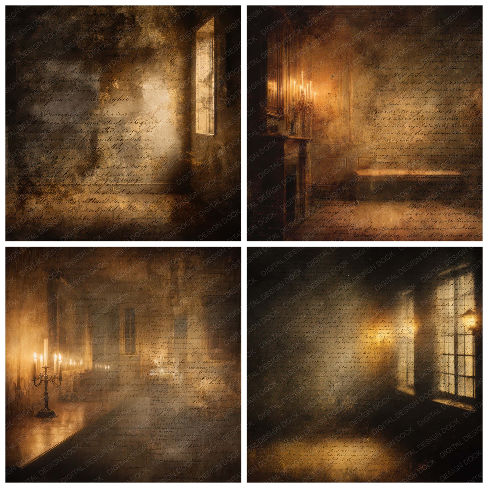 Close view of Old Candlelit Room Night Scene background papers highlighting collage composition and cohesive colour tones