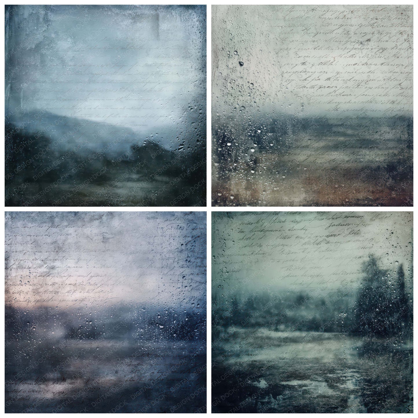 Preview layout showing Old Rain Window Landscape Scene papers arranged as background pages for junk journals and mixed media crafts