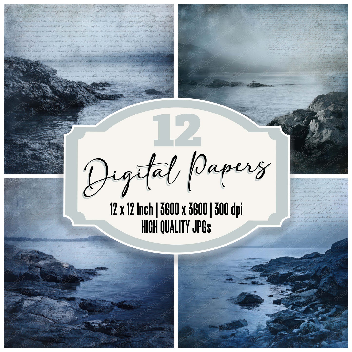 Old Rocky Shore Twilight Scene digital paper pack designed for background pages in junk journaling and paper craft projects
