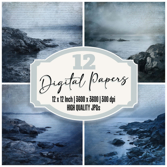 Old Rocky Shore Twilight Scene digital paper pack designed for background pages in junk journaling and paper craft projects