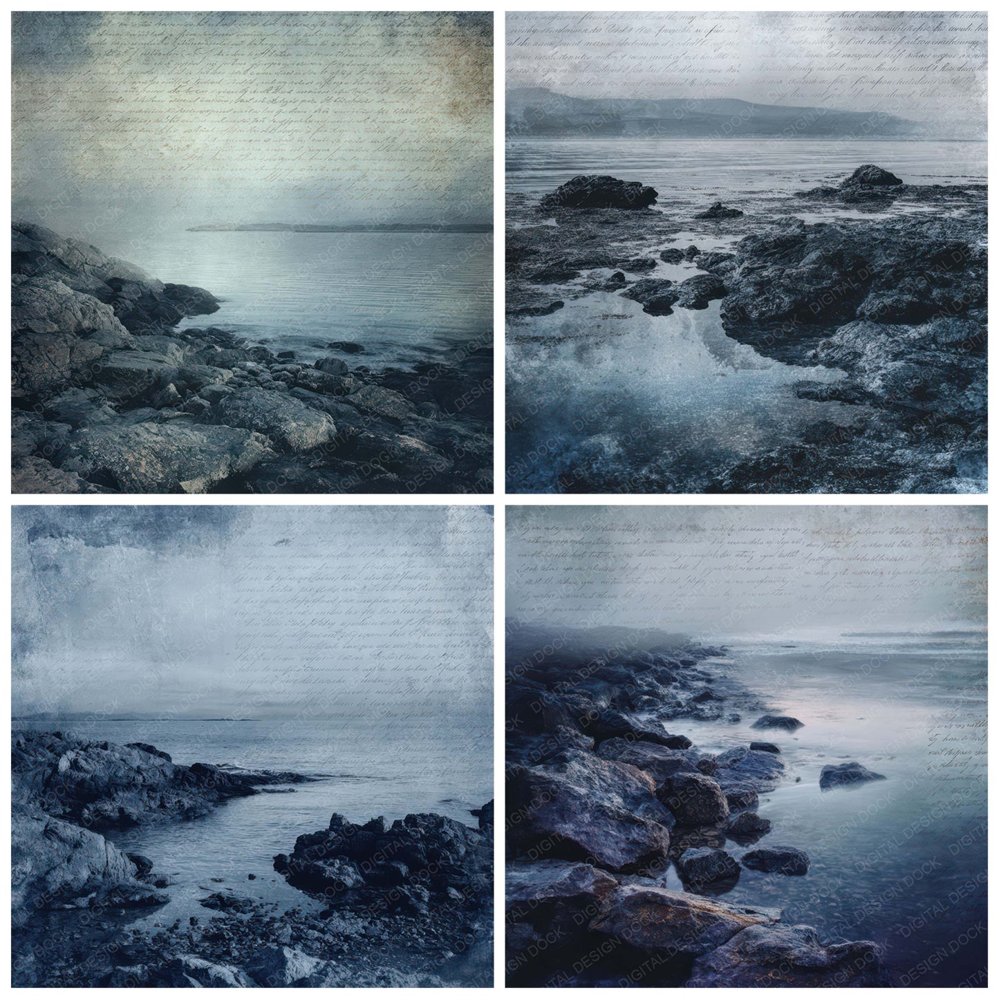Preview layout showing Old Rocky Shore Twilight Scene papers arranged as background pages for junk journals and mixed media crafts
