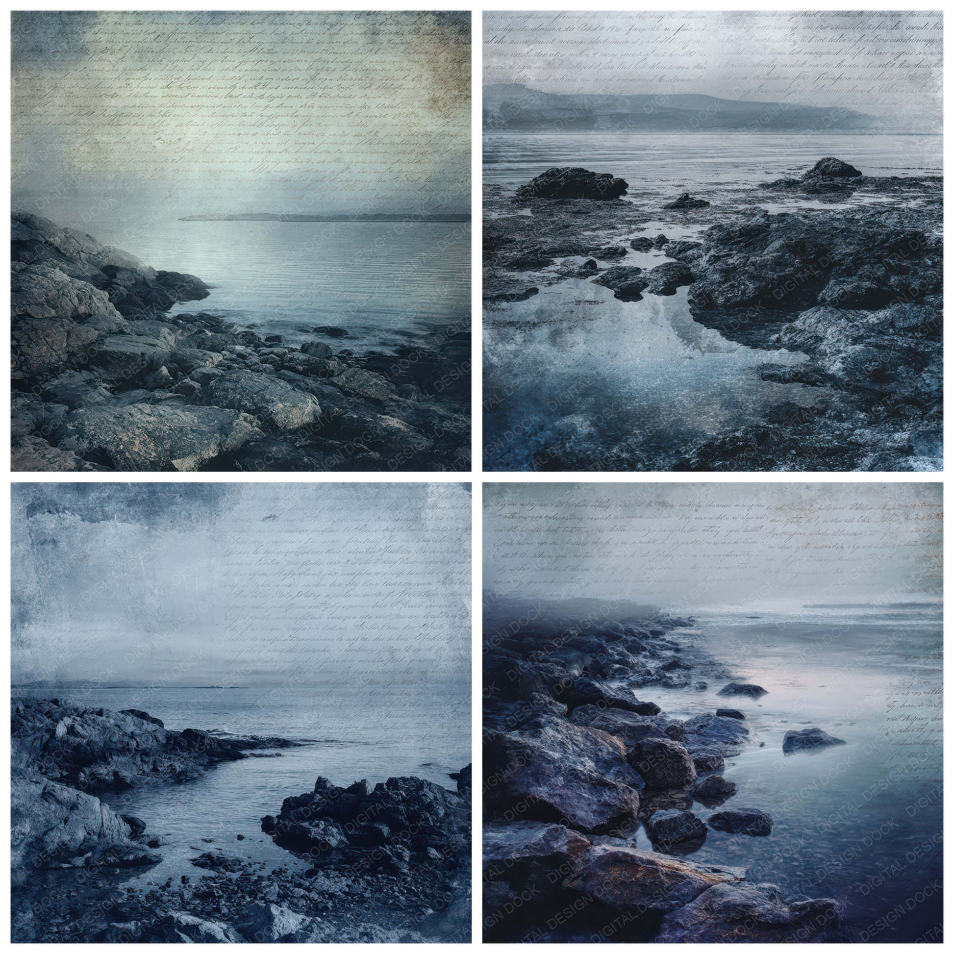 Preview layout showing Old Rocky Shore Twilight Scene papers arranged as background pages for junk journals and mixed media crafts