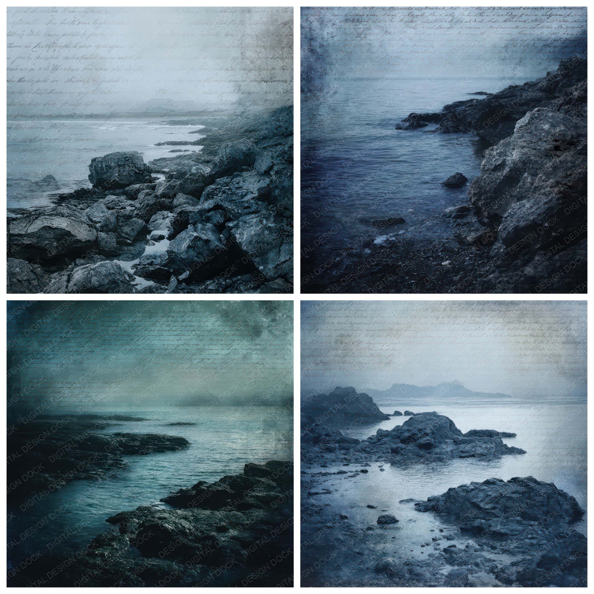 Close view of Old Rocky Shore Twilight Scene background papers highlighting collage composition and cohesive colour tones