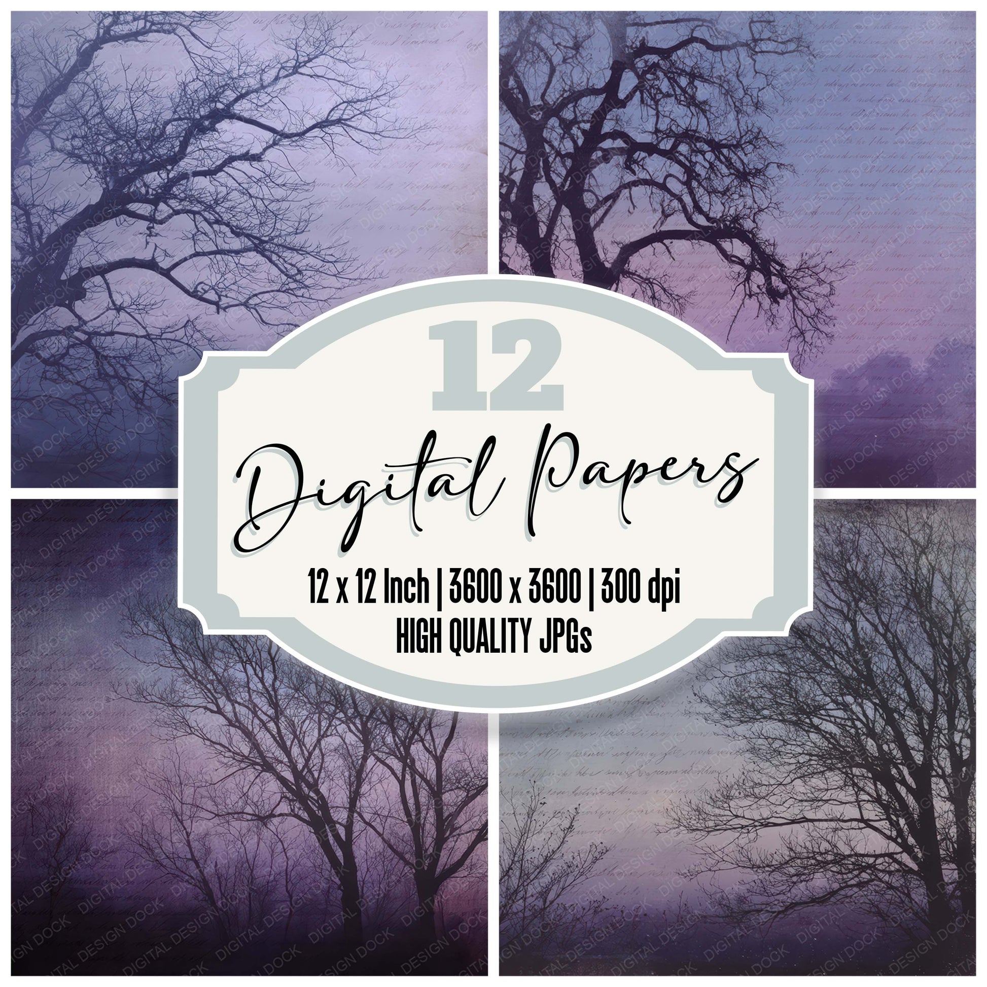 Old Twilight Tree Silhouette Scene digital paper pack designed for background pages in junk journaling and paper craft projects