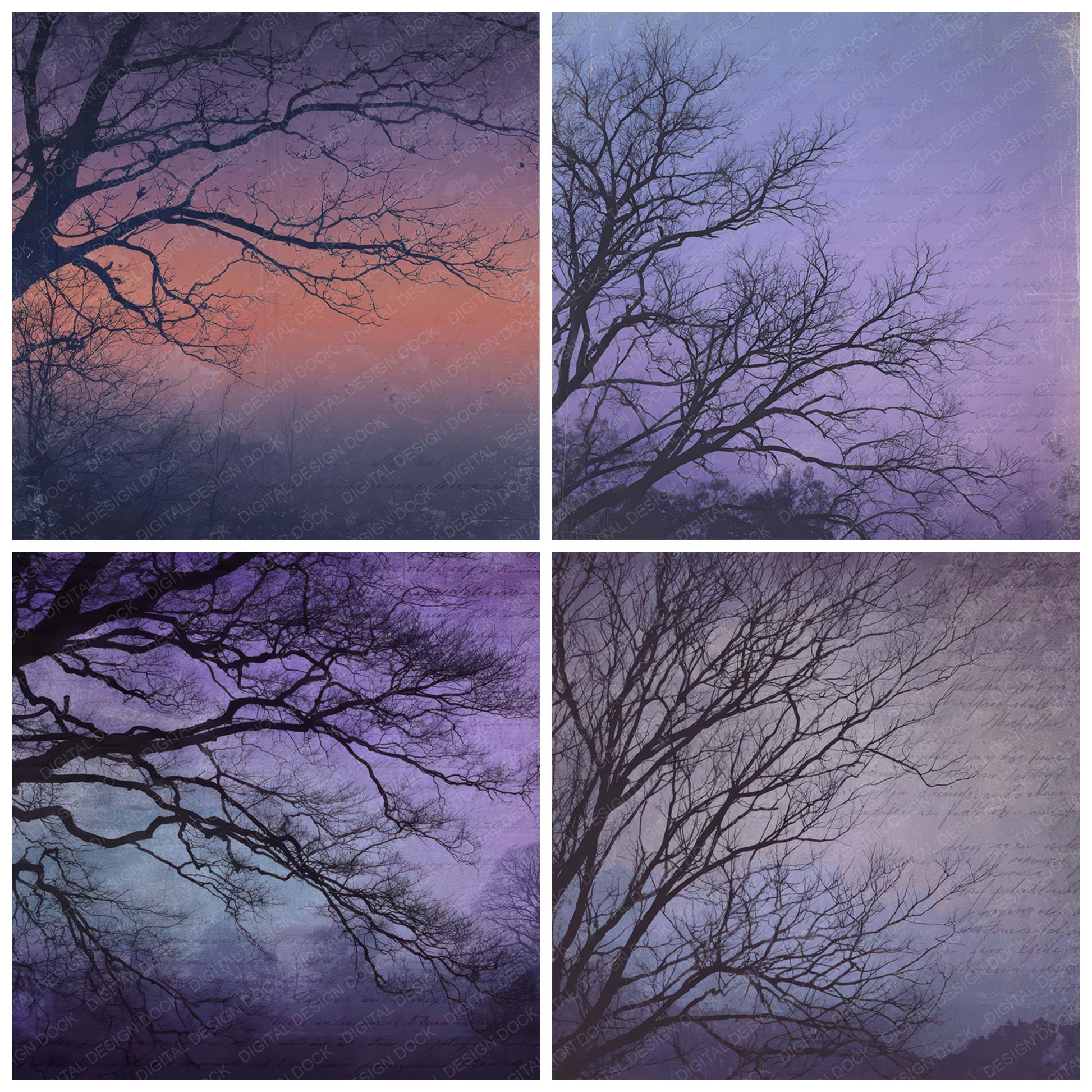 Preview layout showing Old Twilight Tree Silhouette Scene papers arranged as background pages for junk journals and mixed media crafts
