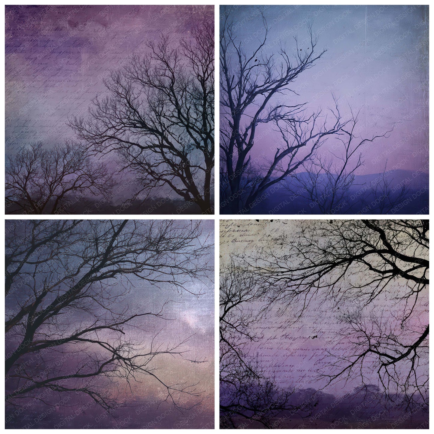 Close view of Old Twilight Tree Silhouette Scene background papers highlighting collage composition and cohesive colour tones