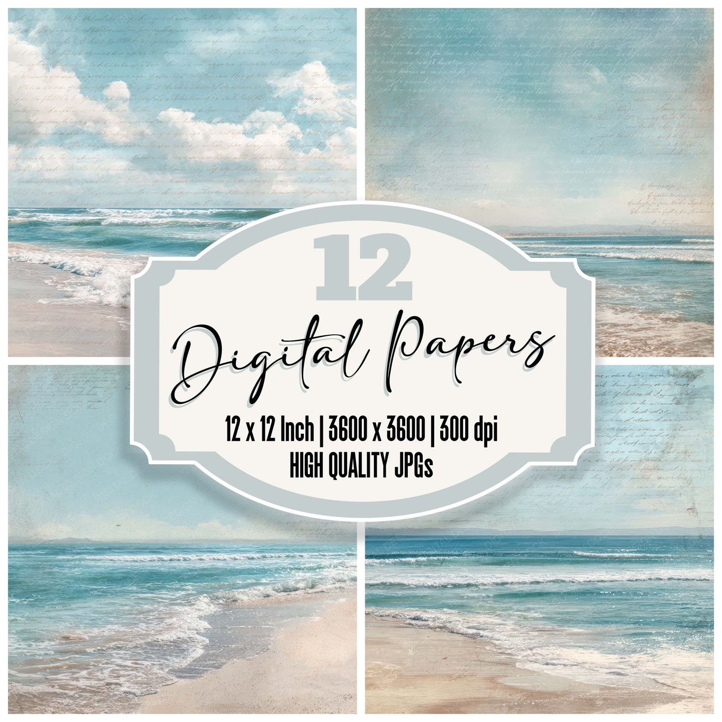 Vintage Bright Beach Scene digital paper pack designed for background pages in junk journaling and paper craft projects