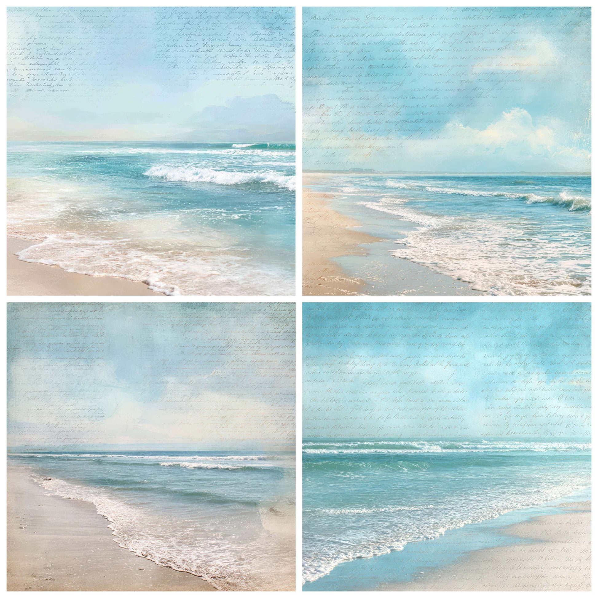 Preview layout showing Vintage Bright Beach Scene papers arranged as background pages for junk journals and mixed media crafts
