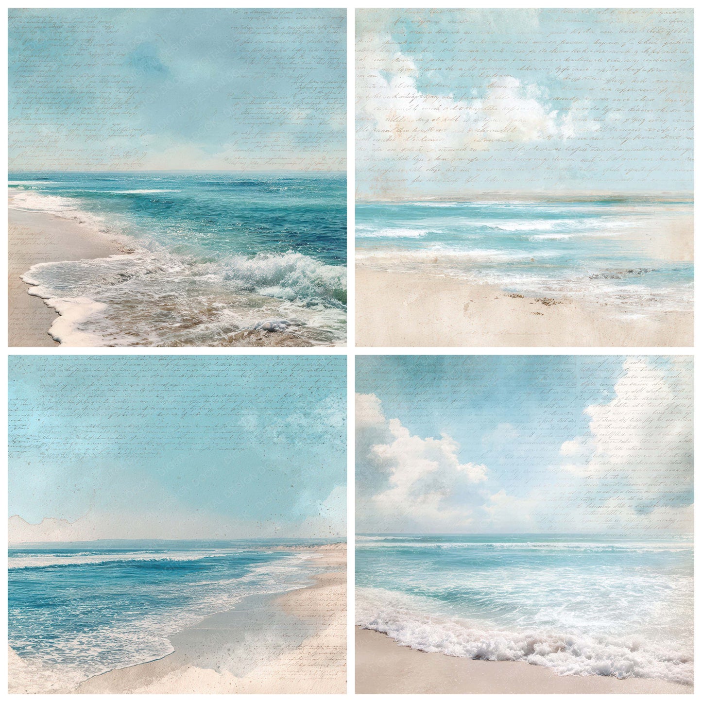Close view of Vintage Bright Beach Scene background papers highlighting collage composition and cohesive colour tones