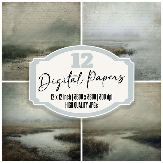 Vintage Foggy Marshland Scene digital paper pack designed for background pages in junk journaling and paper craft projects