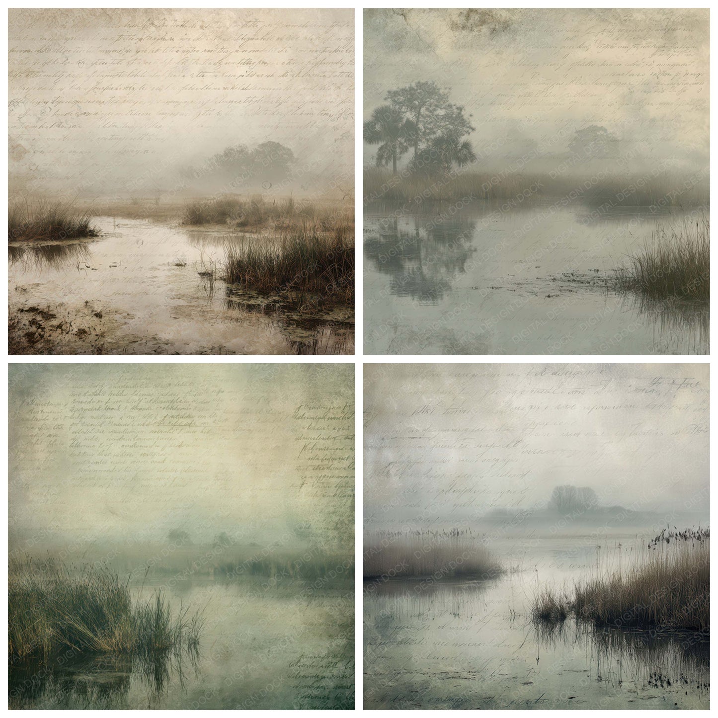 Preview layout showing Vintage Foggy Marshland Scene papers arranged as background pages for junk journals and mixed media crafts