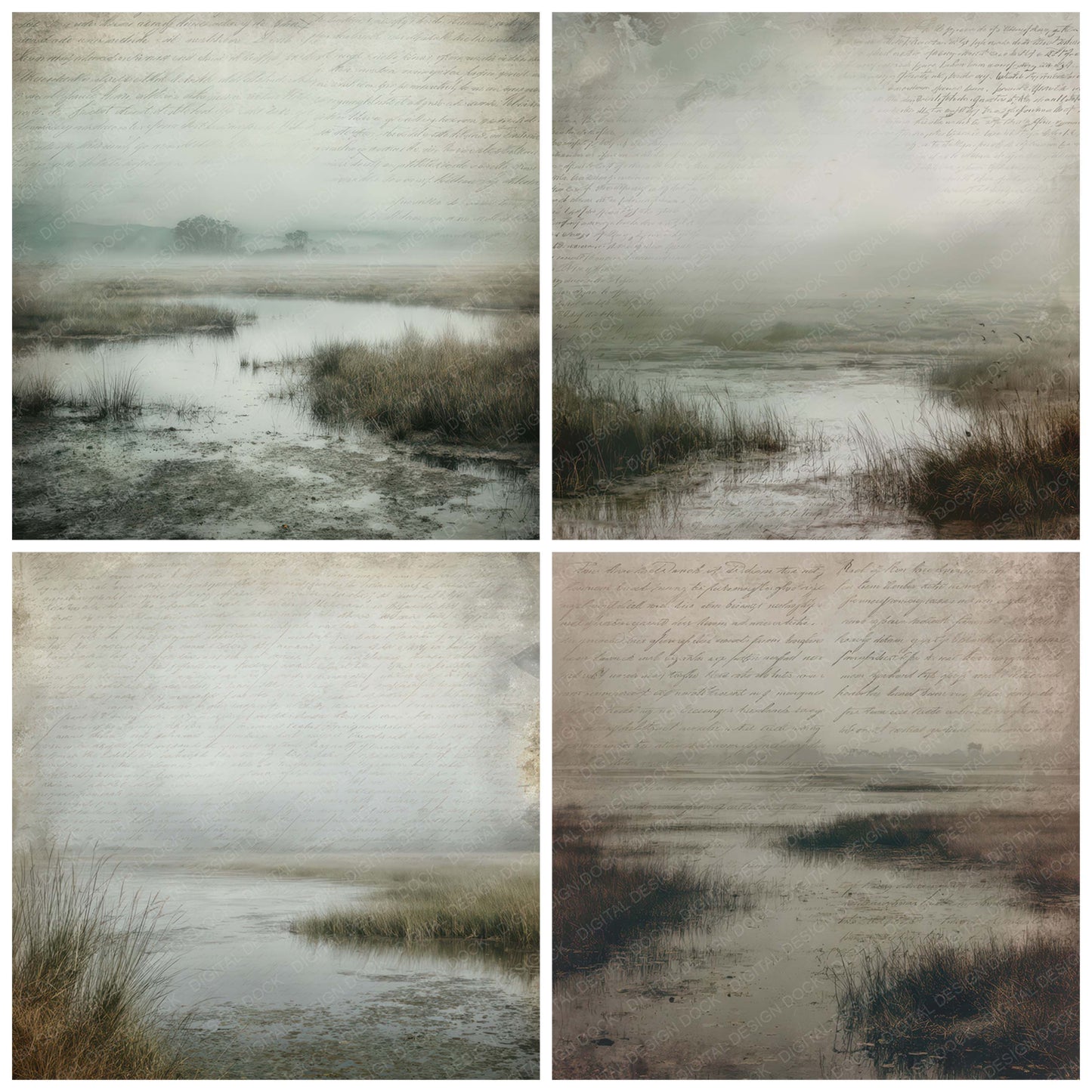 Close view of Vintage Foggy Marshland Scene background papers highlighting collage composition and cohesive colour tones