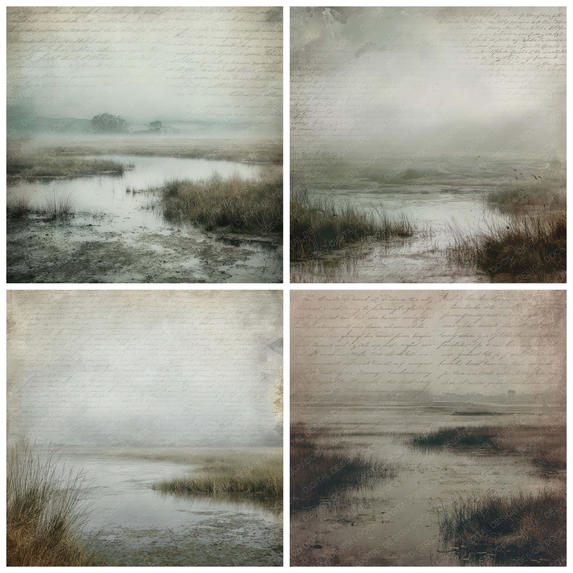 Close view of Vintage Foggy Marshland Scene background papers highlighting collage composition and cohesive colour tones