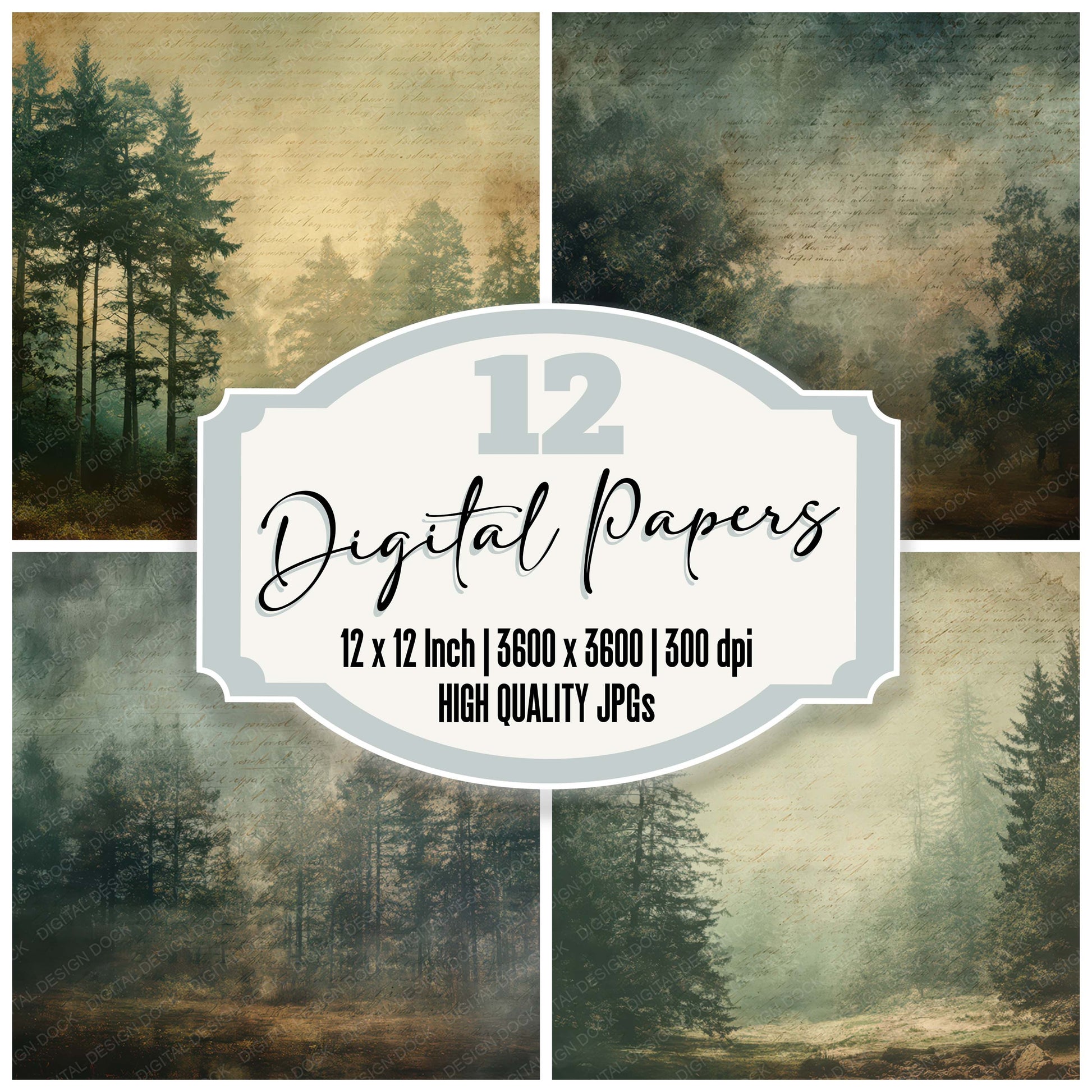 Vintage Forest Clearing Dusk Scene digital paper pack designed for background pages in junk journaling and paper craft projects