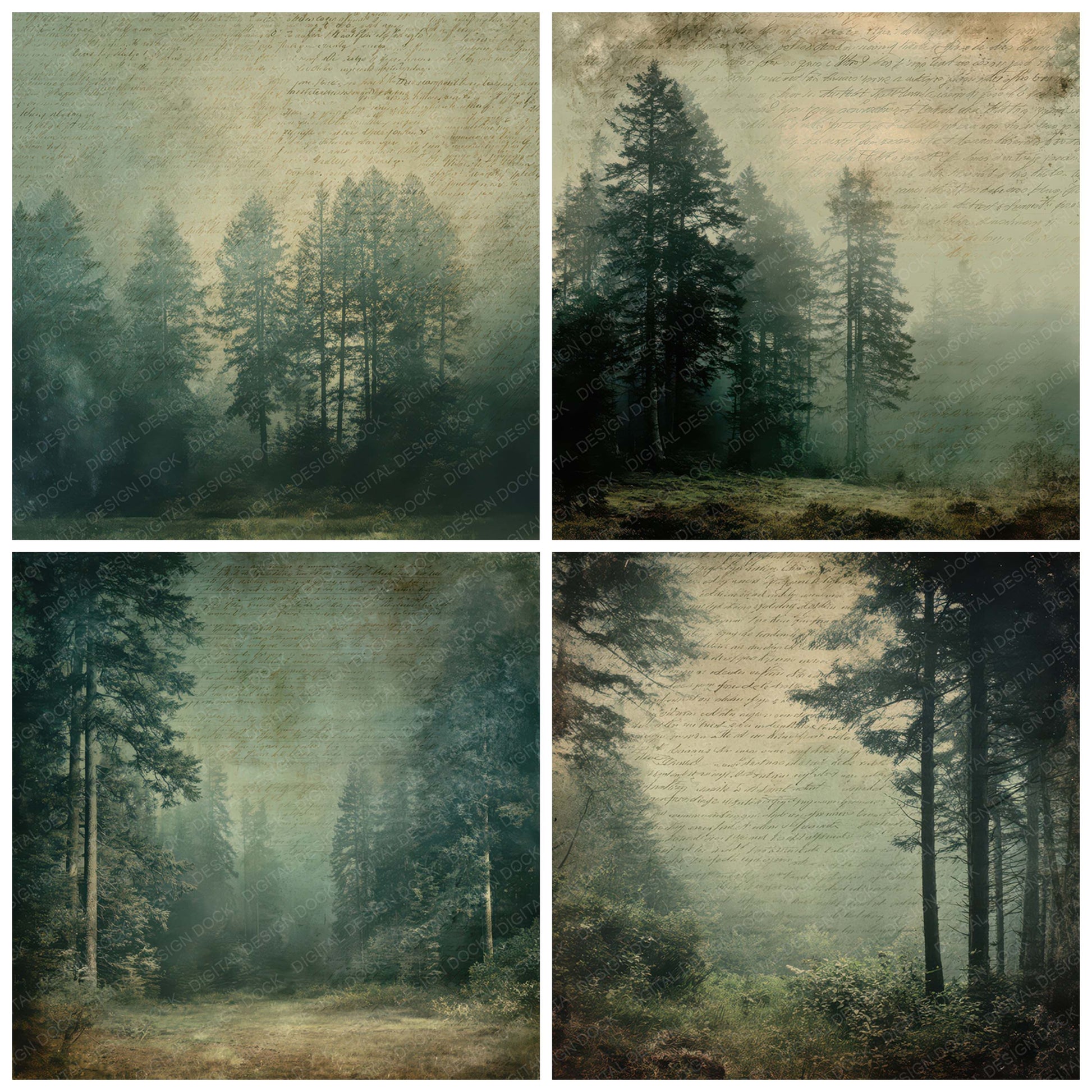 Preview layout showing Vintage Forest Clearing Dusk Scene papers arranged as background pages for junk journals and mixed media crafts