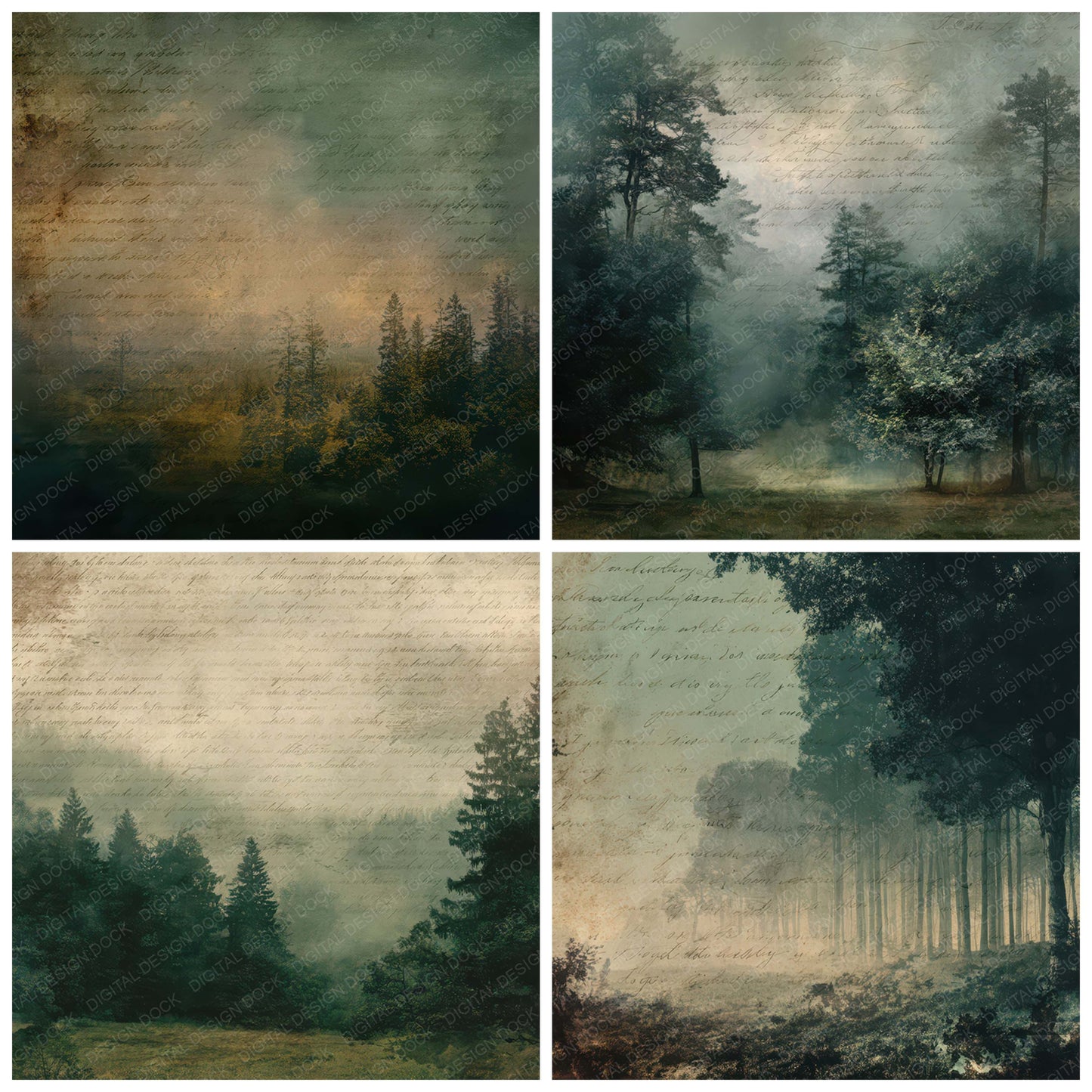 Close view of Vintage Forest Clearing Dusk Scene background papers highlighting collage composition and cohesive colour tones