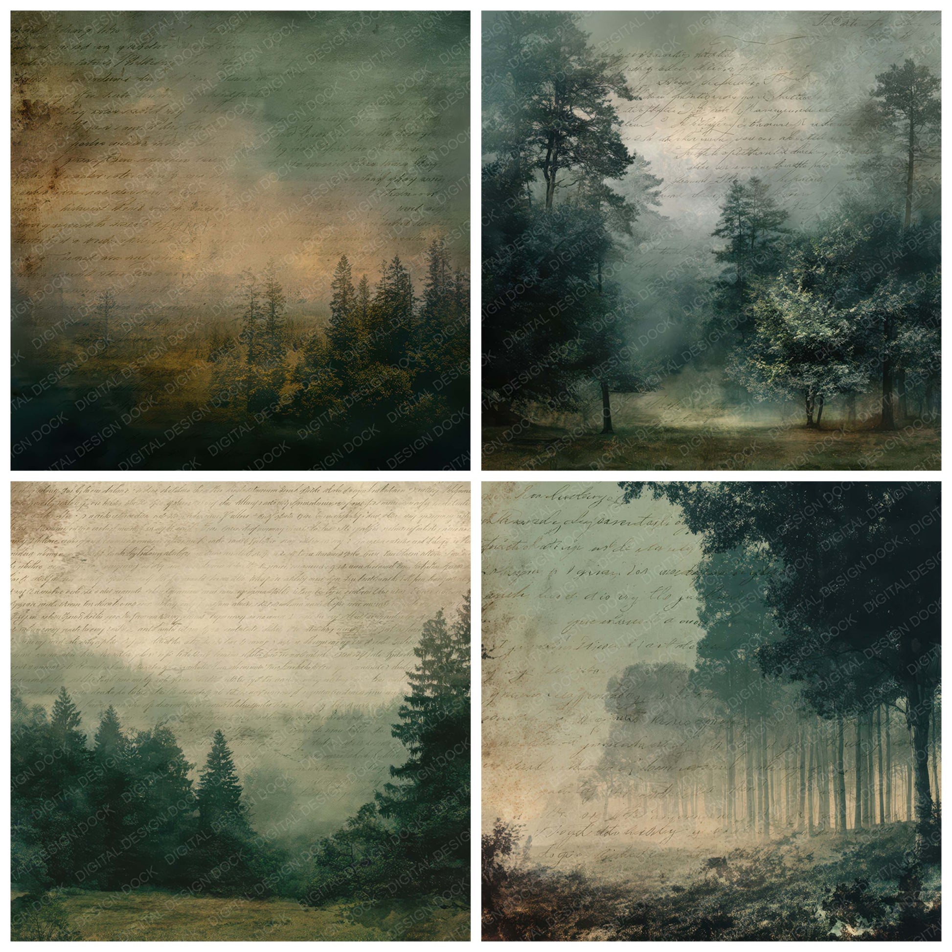 Close view of Vintage Forest Clearing Dusk Scene background papers highlighting collage composition and cohesive colour tones
