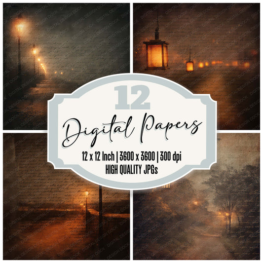 Vintage Lantern Path Night Scene digital paper pack designed for background pages in junk journaling and paper craft projects
