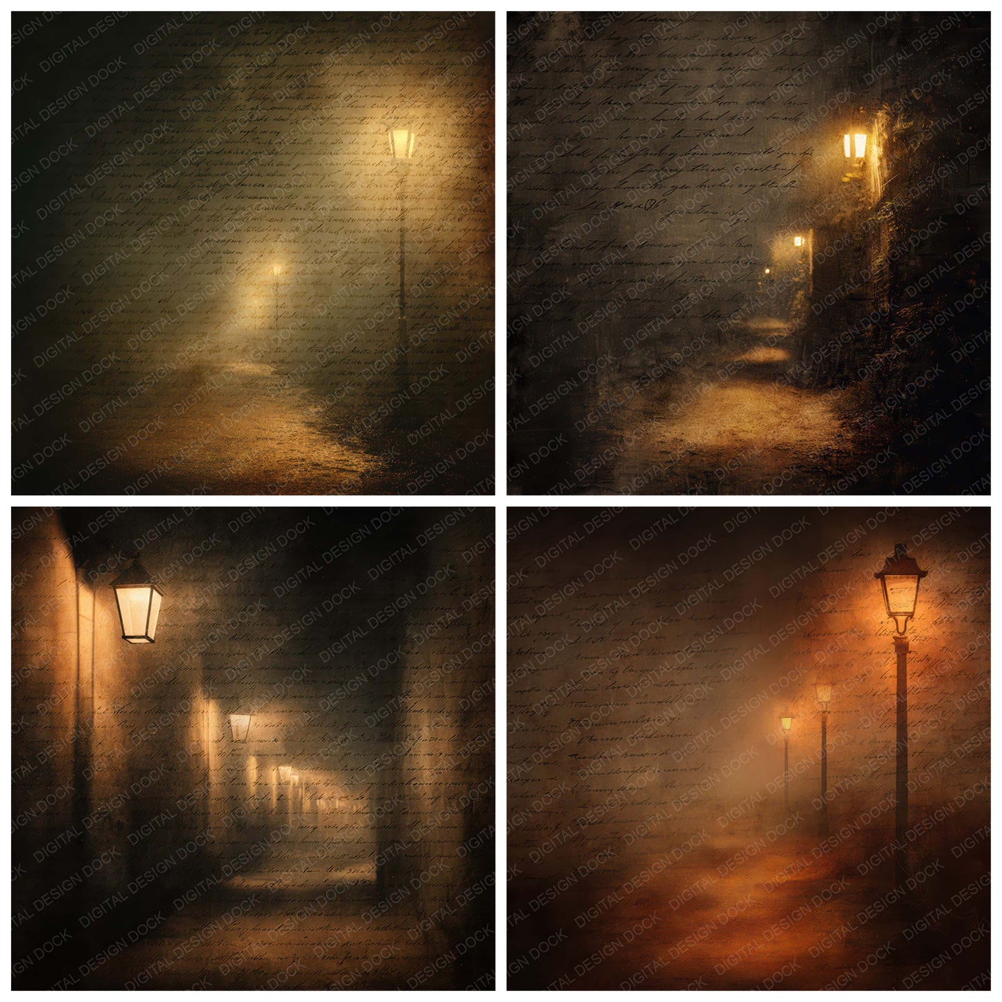 Preview layout showing Vintage Lantern Path Night Scene papers arranged as background pages for junk journals and mixed media crafts