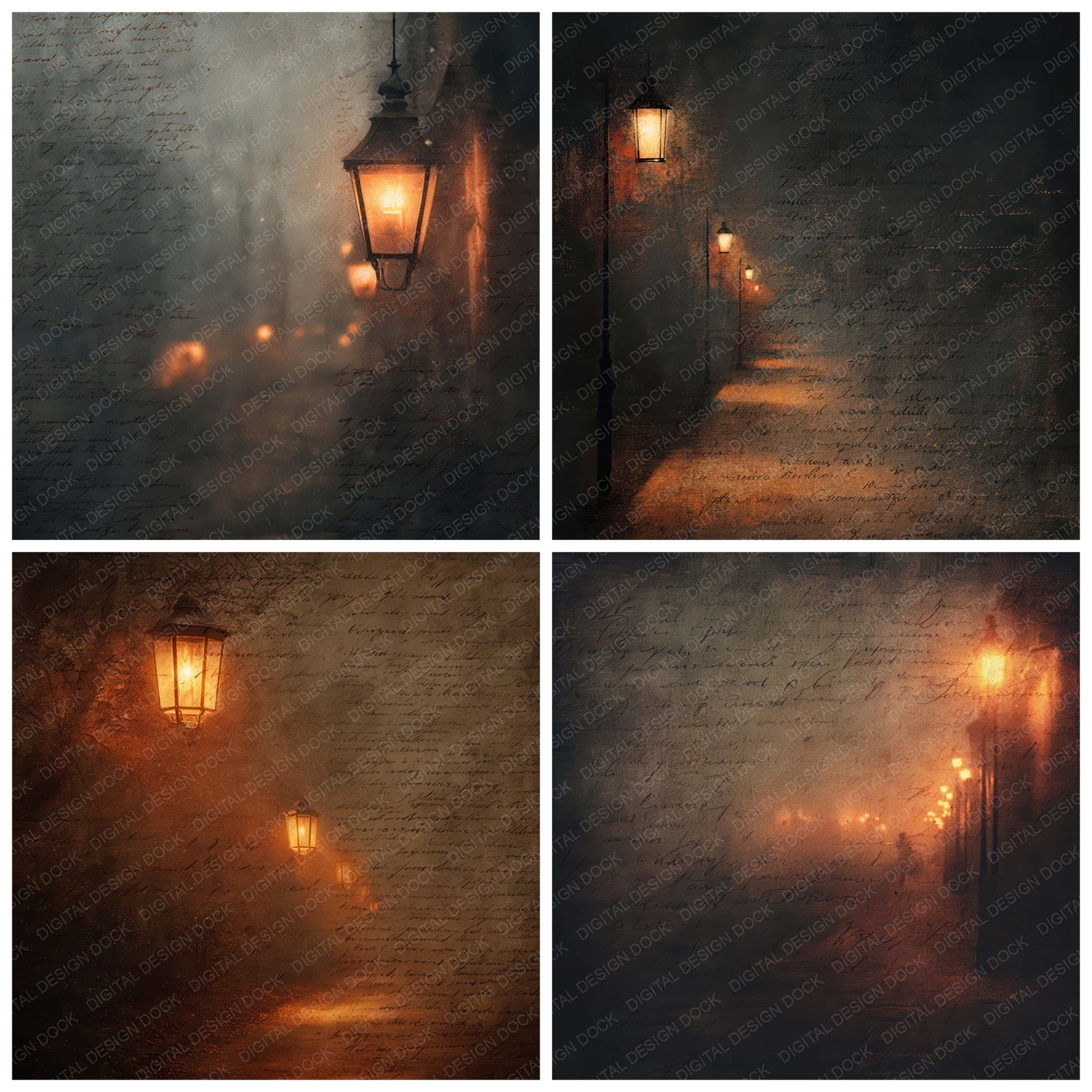 Close view of Vintage Lantern Path Night Scene background papers highlighting collage composition and cohesive colour tones
