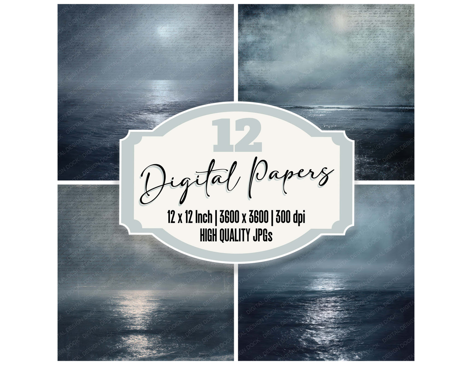 Vintage Night Ocean Scene digital paper pack designed for background pages in junk journaling and paper craft projects