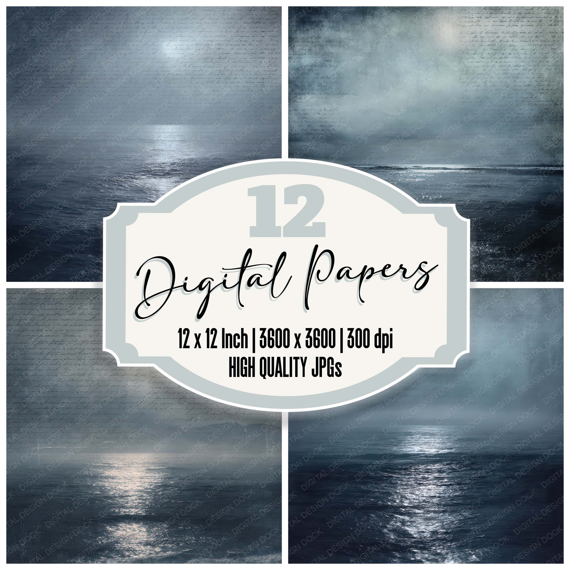 Vintage Night Ocean Scene digital paper pack designed for background pages in junk journaling and paper craft projects