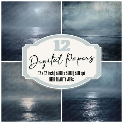 Vintage Night Ocean Scene digital paper pack designed for background pages in junk journaling and paper craft projects