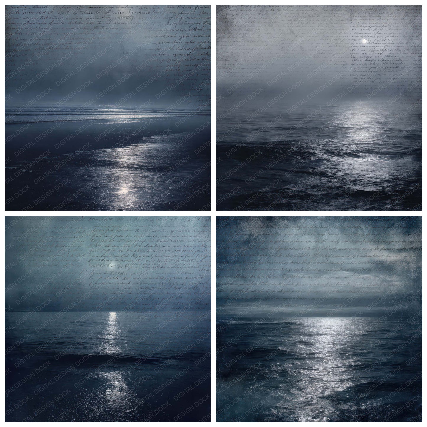 Preview layout showing Vintage Night Ocean Scene papers arranged as background pages for junk journals and mixed media crafts