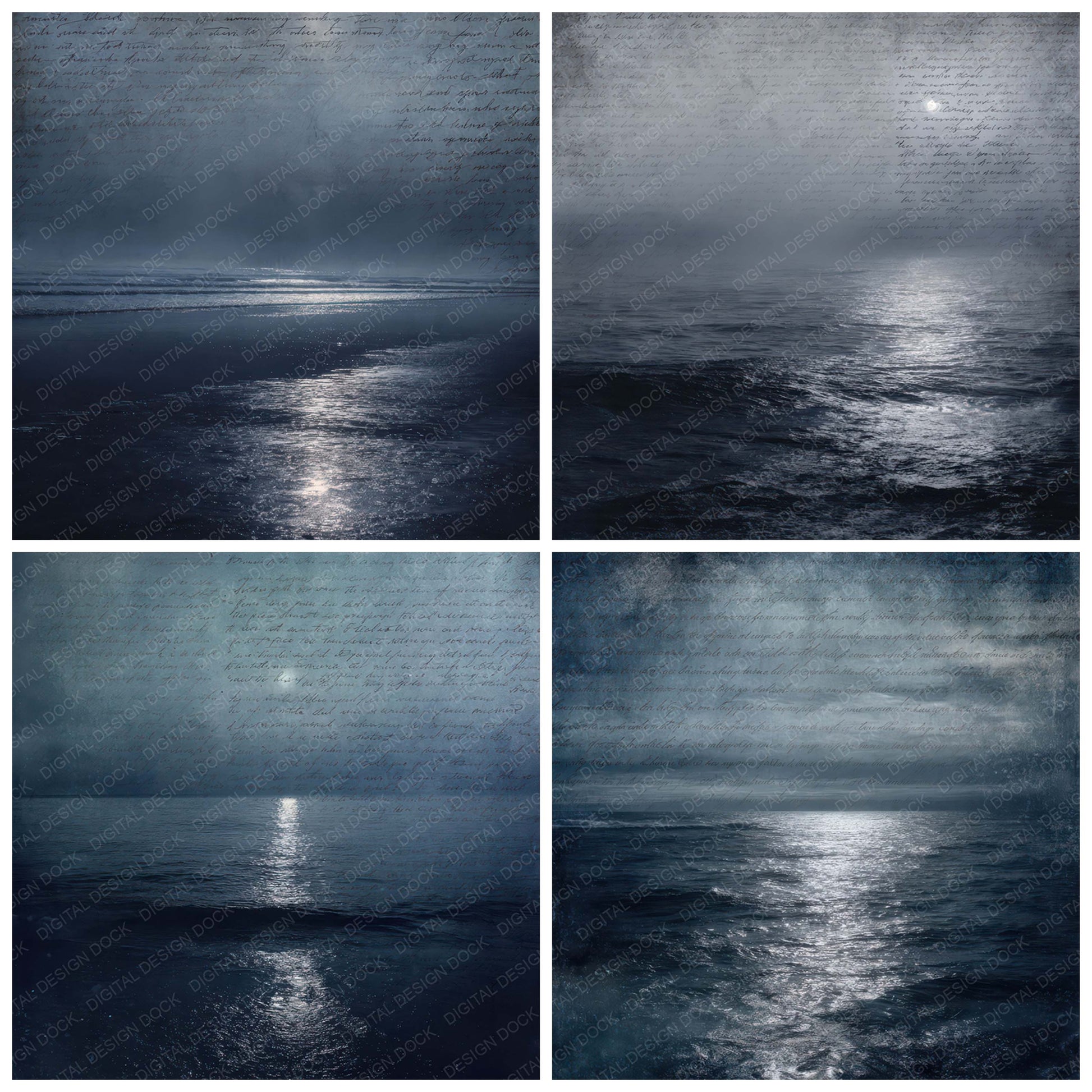 Preview layout showing Vintage Night Ocean Scene papers arranged as background pages for junk journals and mixed media crafts