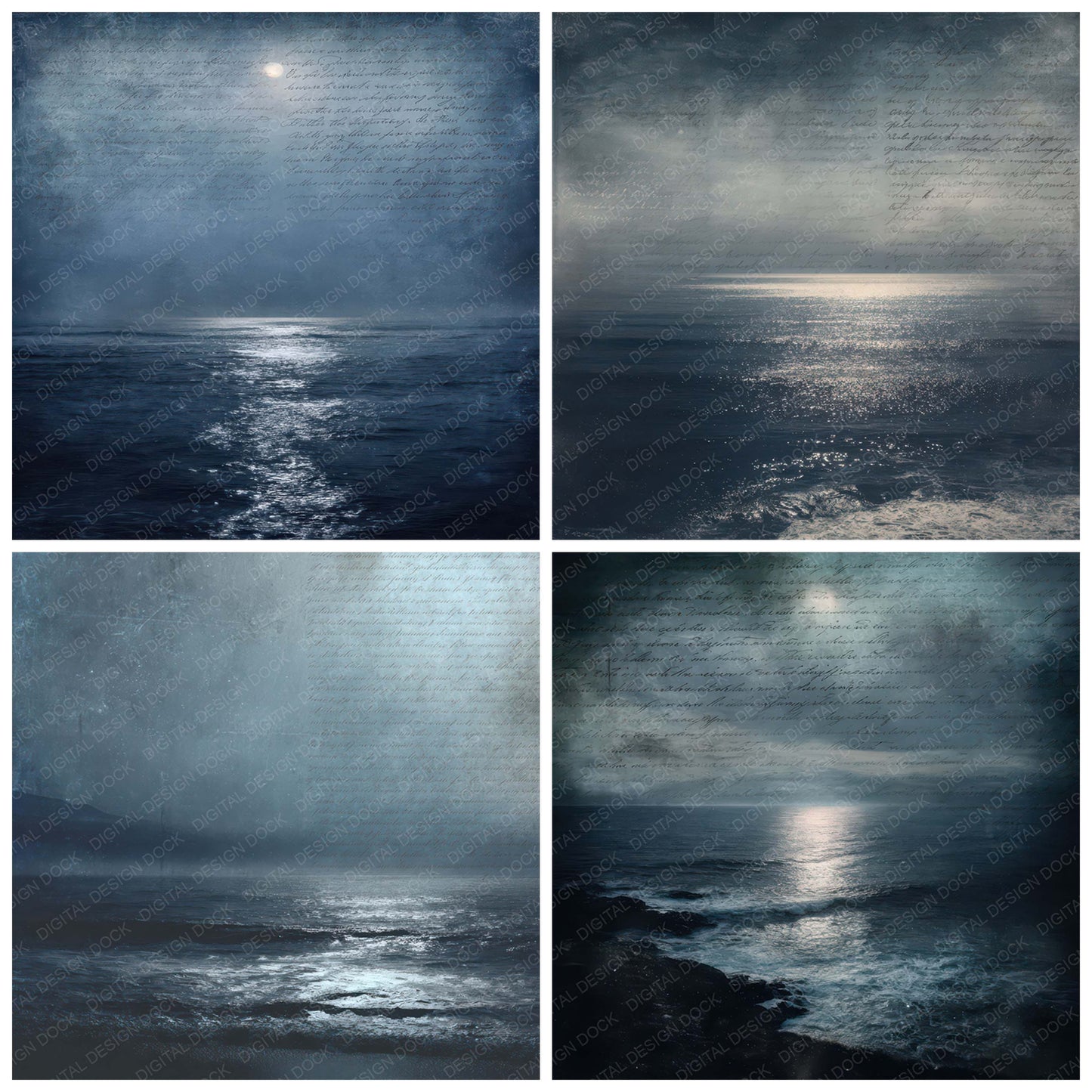 Close view of Vintage Night Ocean Scene background papers highlighting collage composition and cohesive colour tones