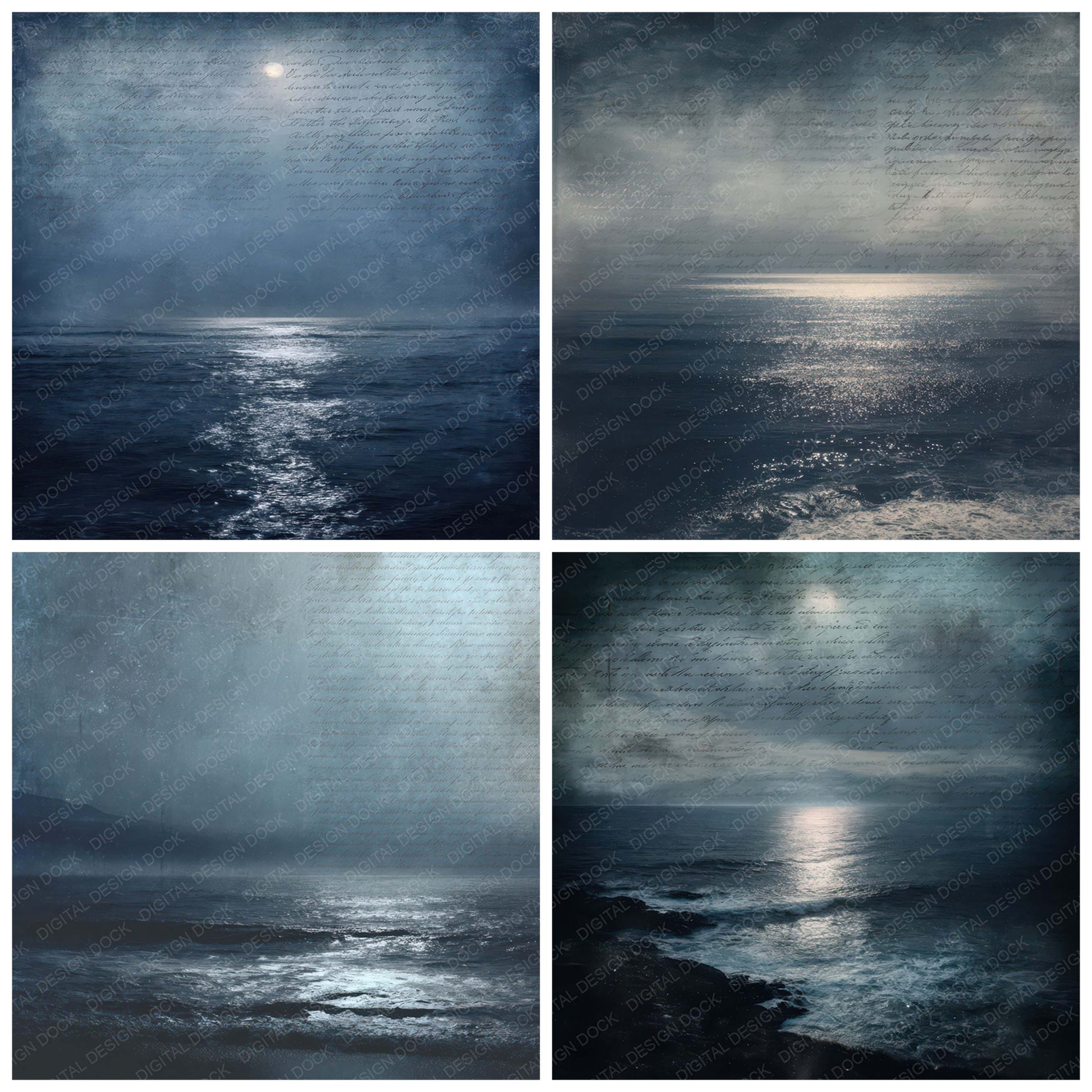 Close view of Vintage Night Ocean Scene background papers highlighting collage composition and cohesive colour tones