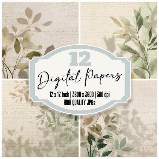 Botanical Leaf Shadow Light digital paper pack designed for background pages in junk journaling and paper craft projects