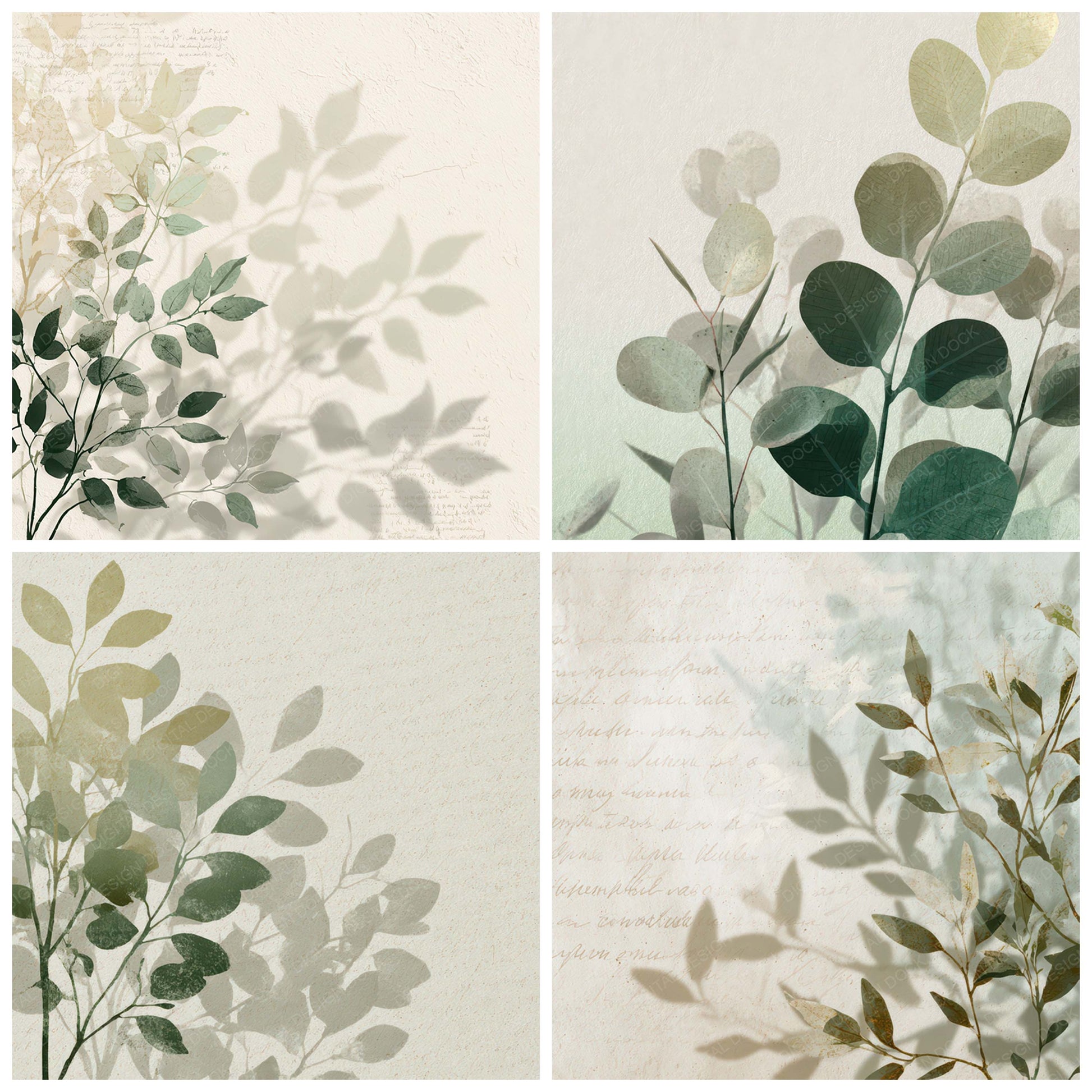 Preview layout showing Botanical Leaf Shadow Light papers arranged as background pages for junk journals and mixed media crafts
