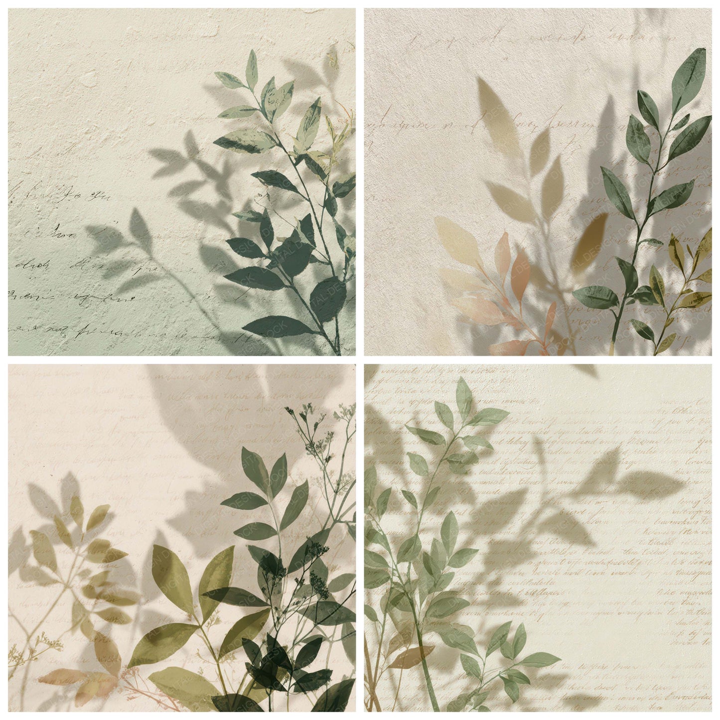 Close view of Botanical Leaf Shadow Light background papers highlighting collage composition and cohesive colour tones