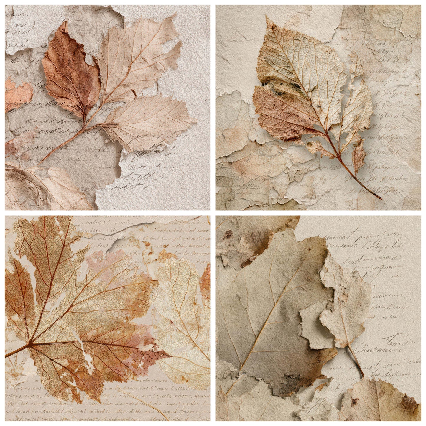Preview layout showing Frayed Leaf Vein Texture papers arranged as background pages for junk journals and mixed media crafts